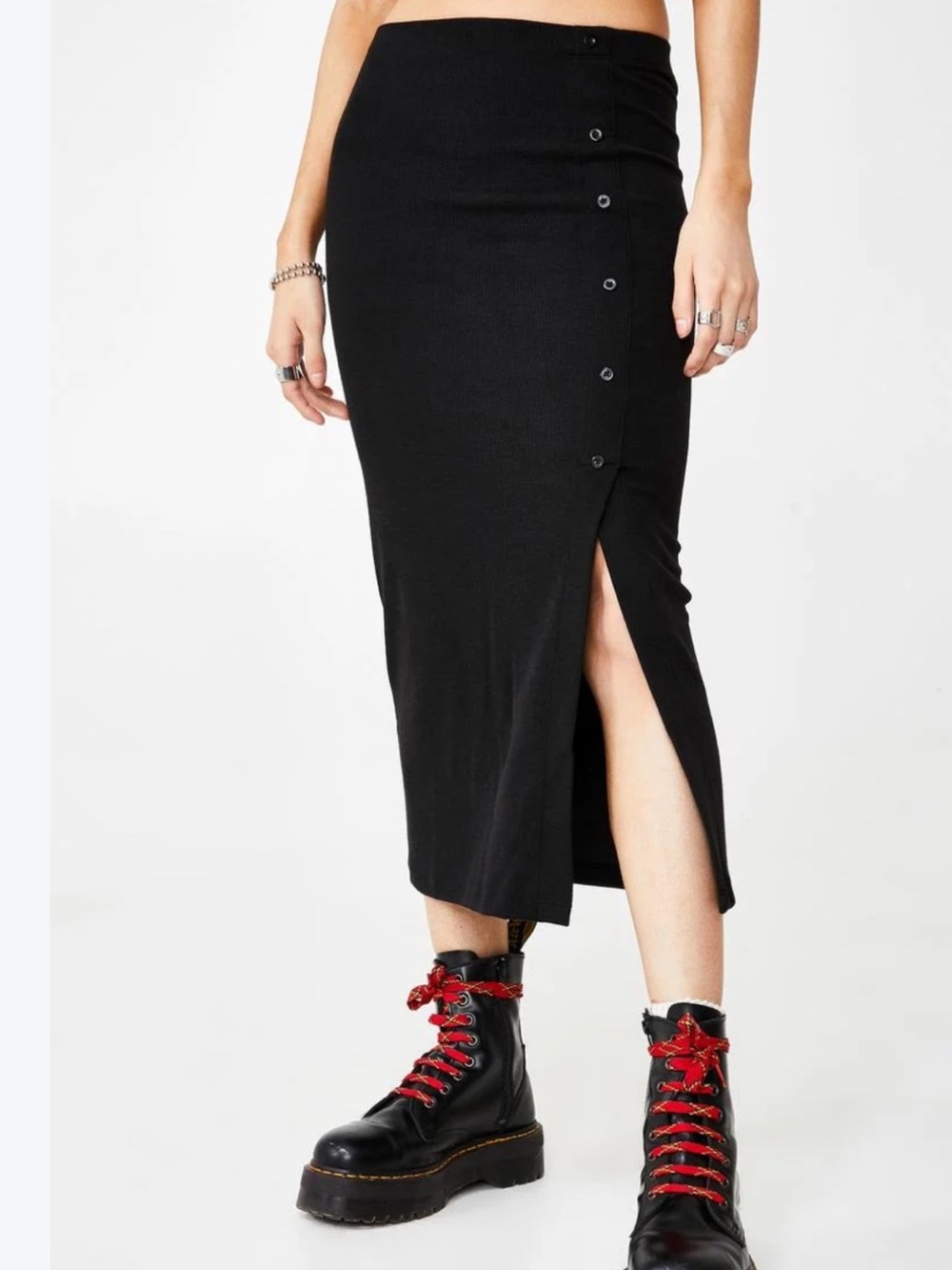 Truth Black Ribbed Button Midi Skirt